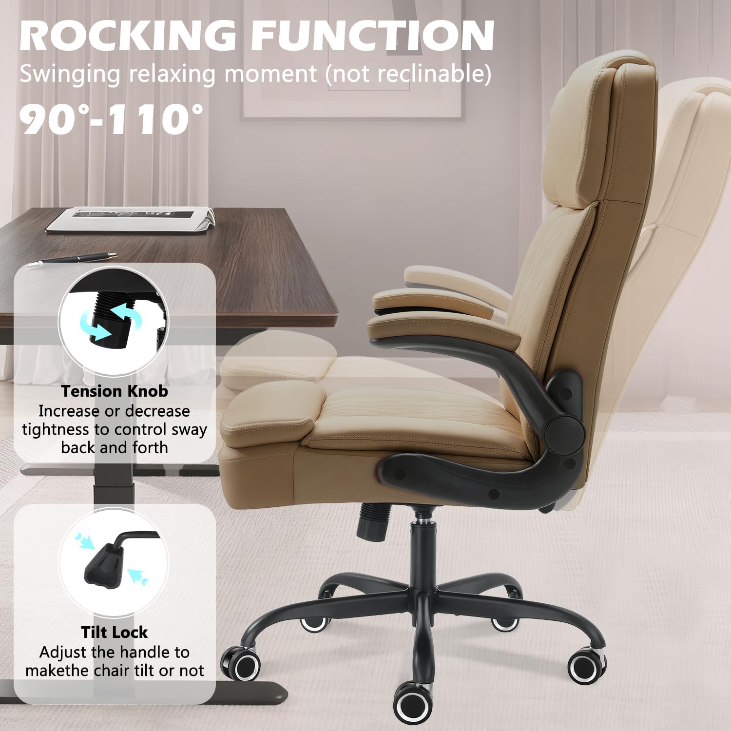450 LBS Big and Tall Executive Office Chair with Flip up Arm, Heavy Duty Leather Computer Desk Chair,Comfortable High Back Swivel Home Office Chair with Rolling for Adults (Yellow)