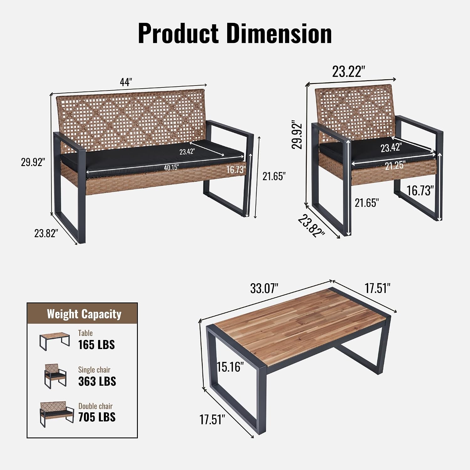 Merax 4 Pcs Patio Furniture Set, Outdoor Acacia Wood Table with 3 Chairs, All-Weather Garden Balcony Backyard Lawn Conversation Set (Black and Light Brown)