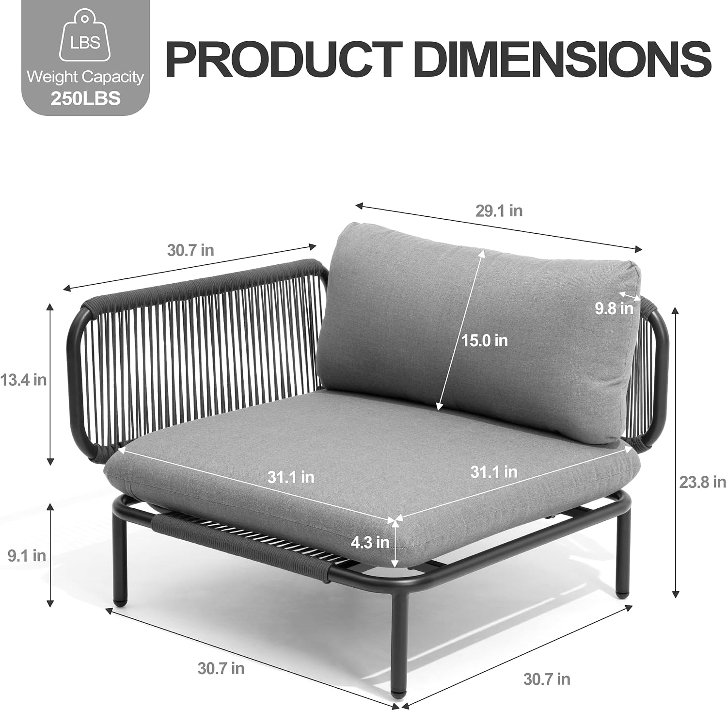4 Piece Modern Outdoor Sectional Sofa, 31' Oversized Patio Furniture Set with Olefin Woven Rope, Weather-Resistant Metal Frame and Removable Cushion, Dark Grey
