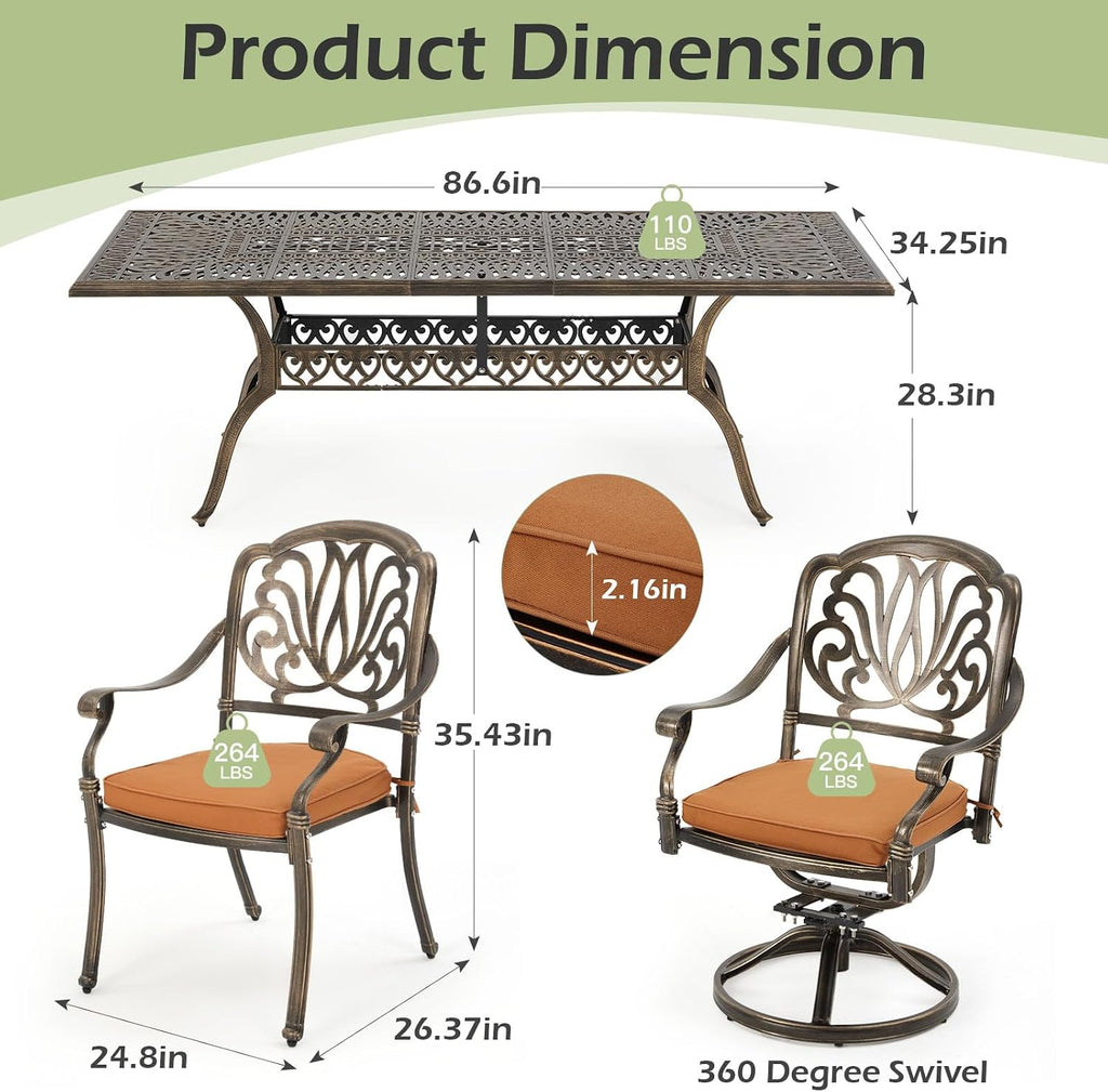 [Hi-End]9-Piece Outdoor Dining Set All Aluminum Patio Table and Chairs Set with 2 Swivel Chair & 6 Patio Chair Outdoor Dining Table Set for 8 Include 86.6'' Rectangular Patio Table with Umbrella Hole