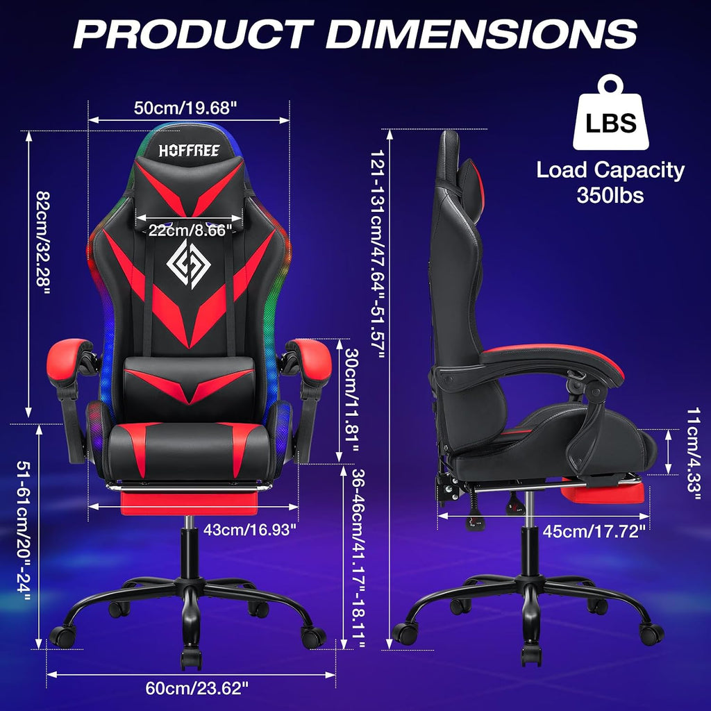 HOFFREE Gaming Chair with LED RGB Lights Massage Ergonomic Video Game Chairs with Footrest High Back Reclining Computer Chair with Adjustable Lumbar Support Red and Black