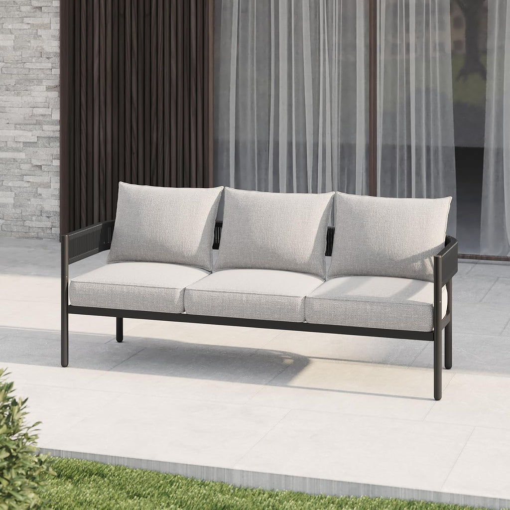 Gand Patio Outdoor 3-Seat Couch Sofa, Wicker Conversation Set with Thick Cushion for Porch, Garden, Yard, Beige