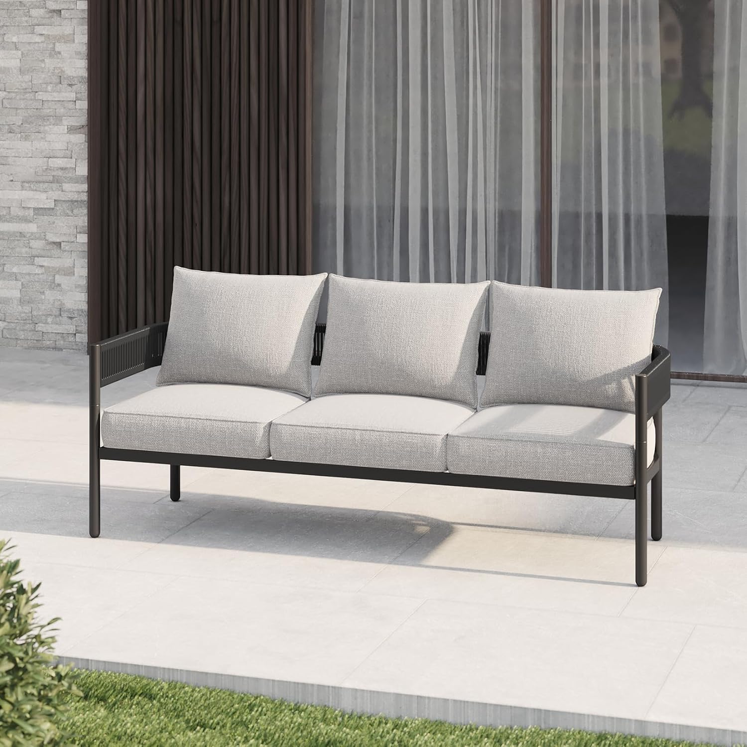 Gand Patio Outdoor 3-Seat Couch Sofa, Wicker Conversation Set with Thick Cushion for Porch, Garden, Yard, Beige