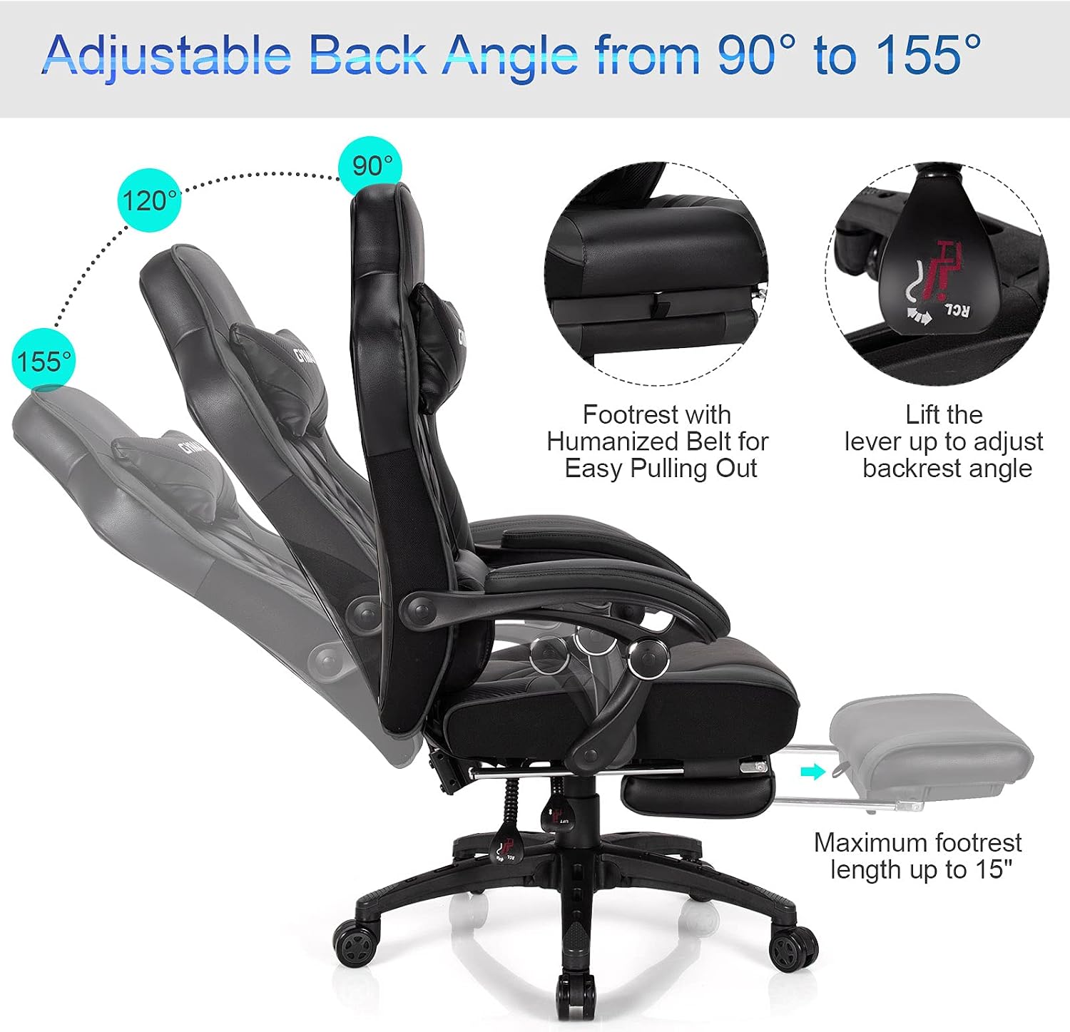 GYMAX Gaming Chair, Ergonomic Computer Chair with Footrest, Linkage Armrests & Lumbar Cushion, Big Wide High Back Video Gaming Chair, Reclining Office Rolling Chair for Adult/Teens (Black)