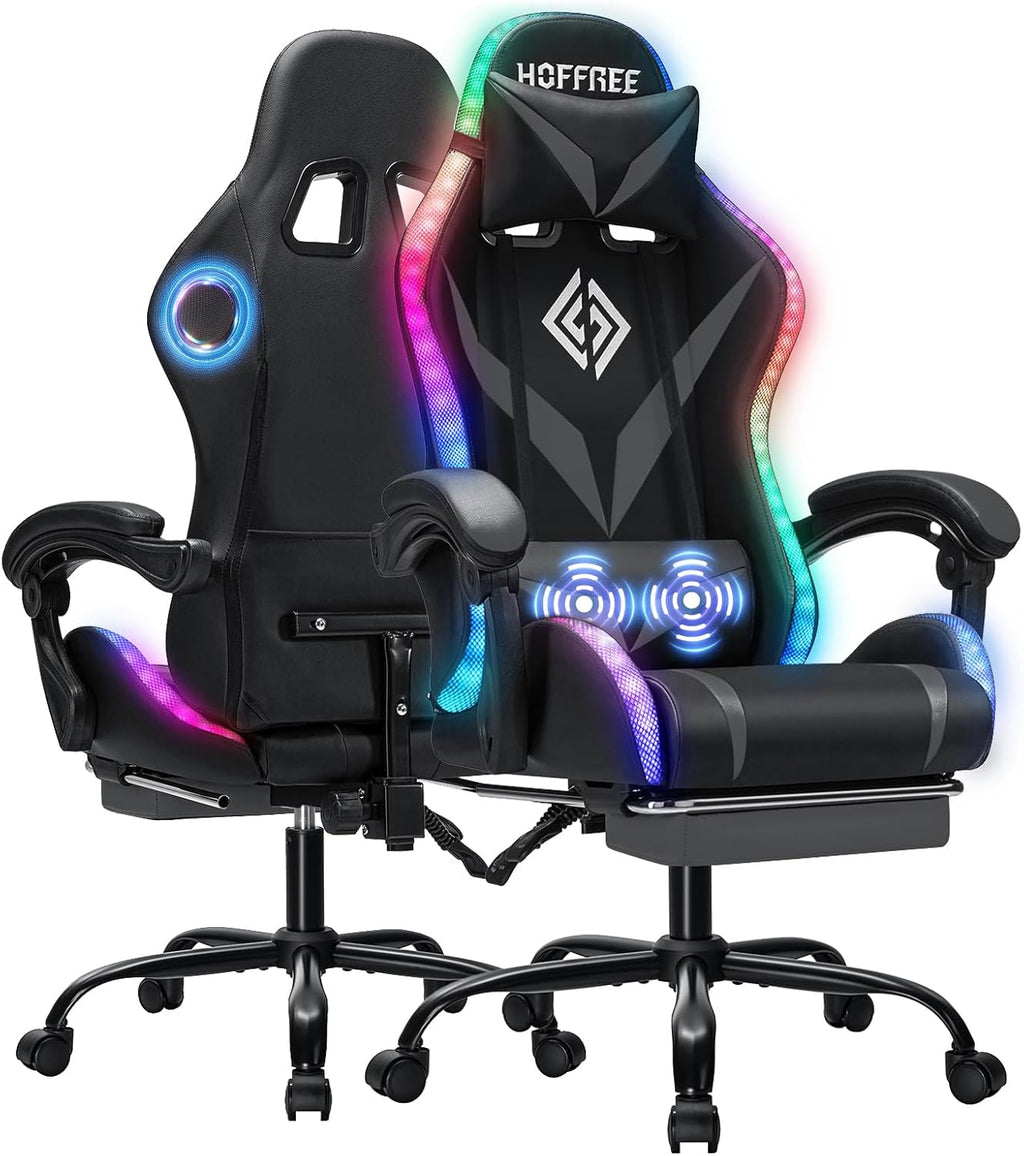 Gaming Chair with Bluetooth Speakers and RGB LED Lights Ergonomic Massage Computer Gaming Chair with Footrest Video Game Chair High Back with Lumbar Support Grey and Black