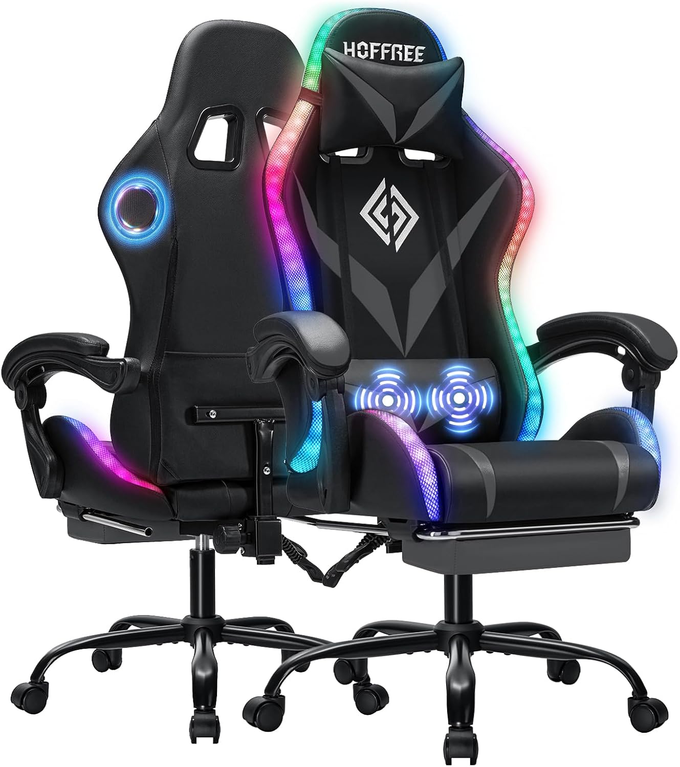 Gaming Chair with Bluetooth Speakers and RGB LED Lights Ergonomic Massage Computer Gaming Chair with Footrest Video Game Chair High Back with Lumbar Support Grey and Black