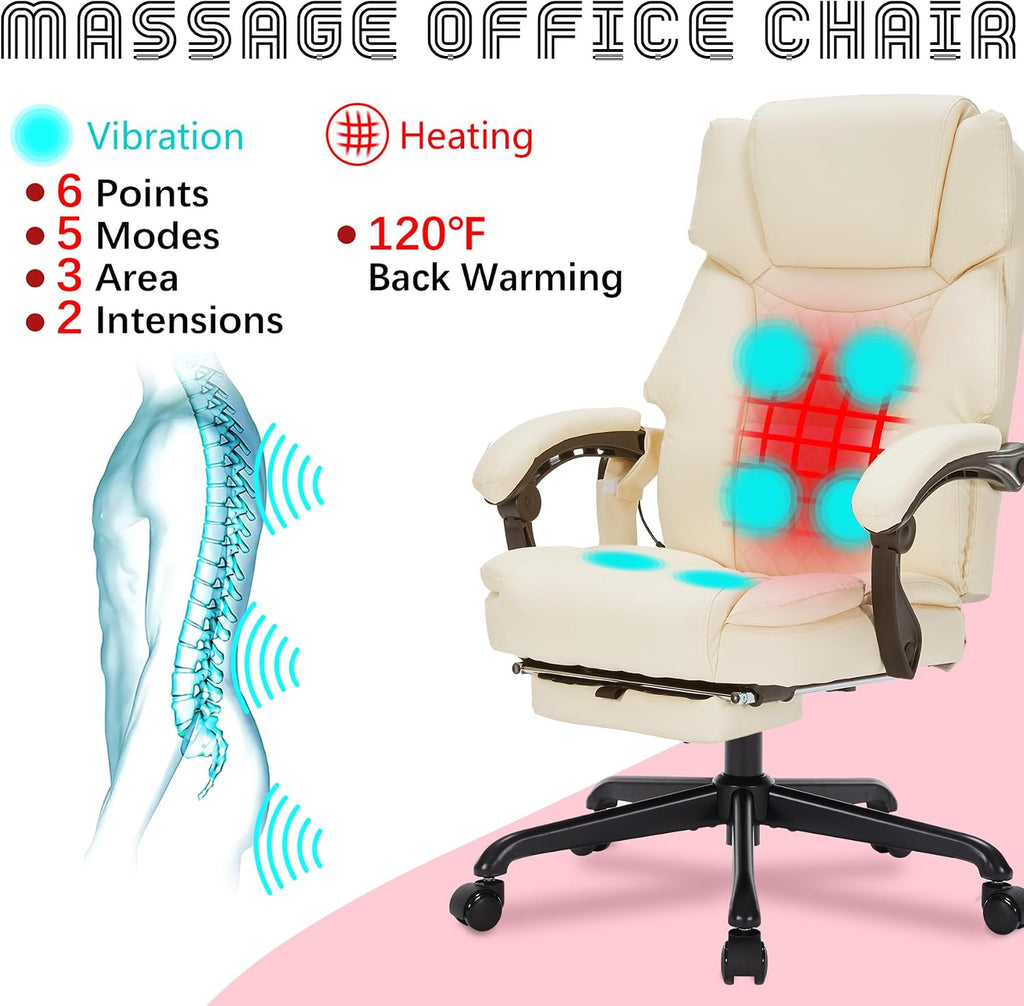 Massage Office Chair with Foot Rest 6 Points Vibration and Heat Home Office Desk Chairs for Heavy People 400lbs Reclining Managerial Chairs Ergonomic Executive Chair (Cream)