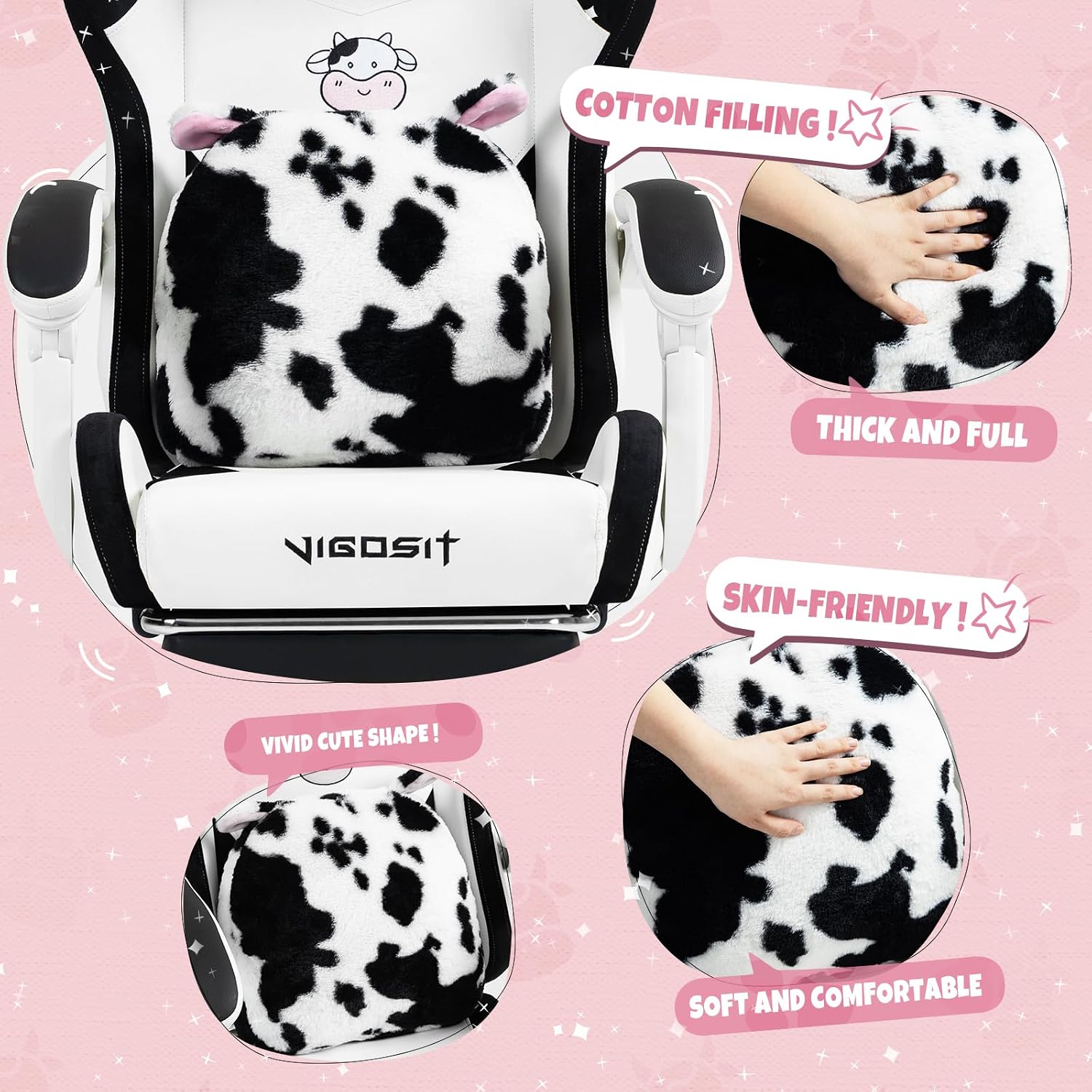 Vigosit Cute Cat Gaming Chair with Paw Lumbar Cushion, PC Video Gamer Chair for Girl Teen Woman (Black White)