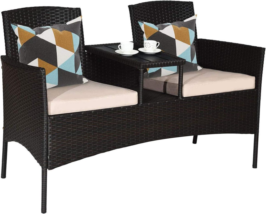 COSTWAY 2-Seat Patio Conversation Sets, Outdoor Patio Loveseat Set with Removable Cushions & Built-in Coffee Table for Backyard, Garden, Lawn, Balcony, Brown+Beige