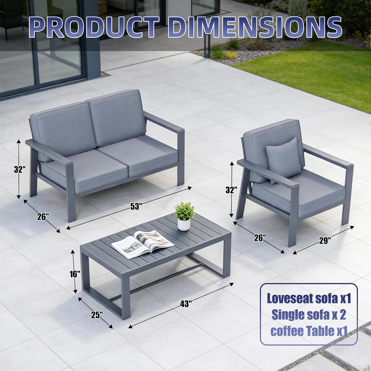 Premium Aluminum Patio Furniture Set 4 Piece,Outdoor Conversation Set with Wide Armrest,5' Thick Cushions, Olefin Fabric,Rustproof Metal Frame,Deep Seating Patio Sofa Set for Backyard,Deck,villa,Gray