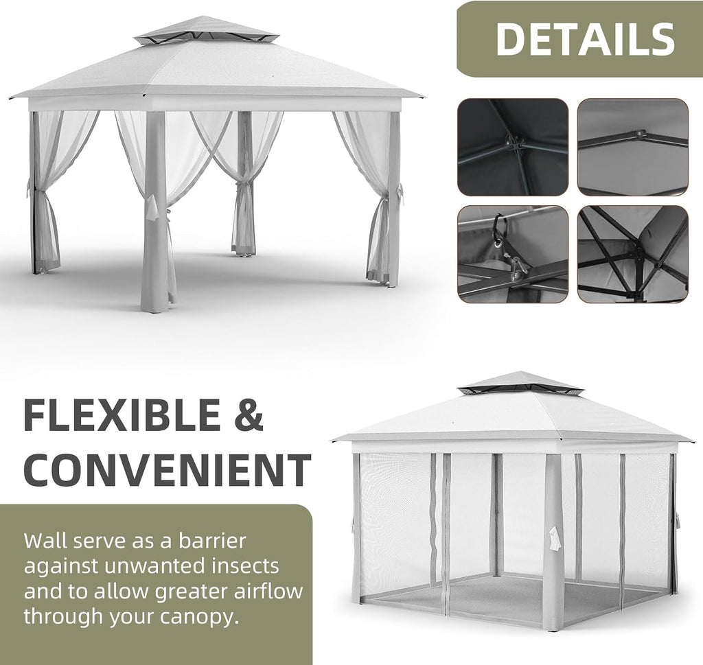 11x11 FT Outdoor Gazebo, Heavy Duty Pavilion With Sturdy Metal Frame & Double Roofs, Patio Shelter With Mosquito Netting, Ideal for Backyard, Garden, Lawn, Deck, Light Grey