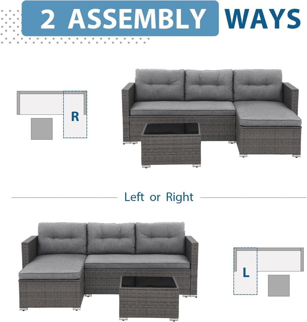 JOIVI 3-Piece Patio Furniture Set, Outdoor Wicker Rattan Sectional Sofa & Patio Couch with Cushions, Tempered Glass Coffee Table, All-Weather Sectional Set for Outdoor Patio, Gray