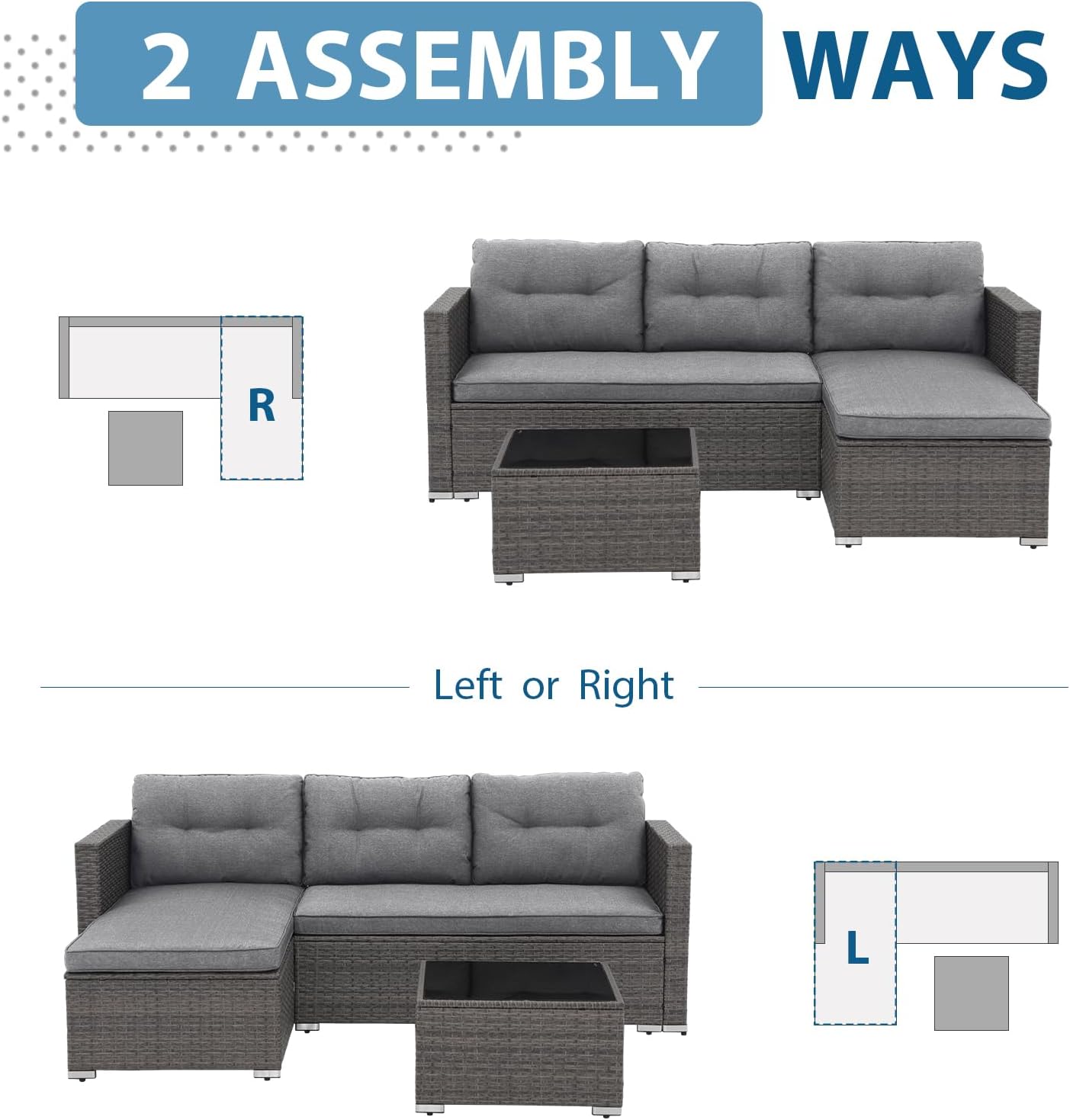 JOIVI 3-Piece Patio Furniture Set, Outdoor Wicker Rattan Sectional Sofa & Patio Couch with Cushions, Tempered Glass Coffee Table, All-Weather Sectional Set for Outdoor Patio, Gray