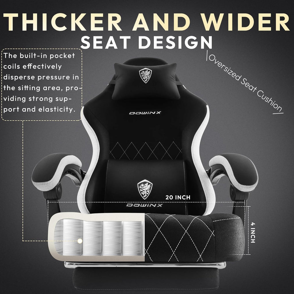 Dowinx Fabric Gaming Chair, Computer Office Chair with Pocket Spring Cushions and Lumbar Support, Ergonomic Massage Gaming Chairs with Footrest for Big and Tall, Black