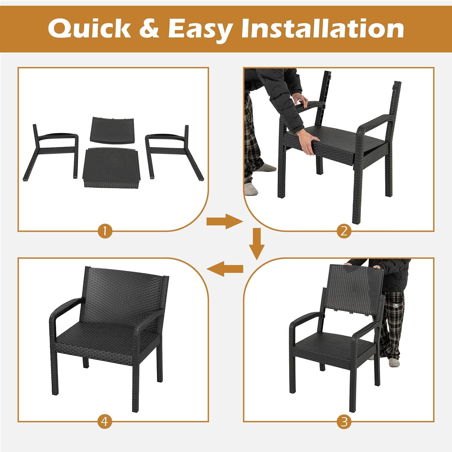 COSTWAY 3 Piece Patio Furniture Set, Outdoor PP Rattan Wicker Furniture Set with 2 Modern Rattan Armchair and 25' Squire Side Table for Patio, Garden, Poolside, Bistro, Black