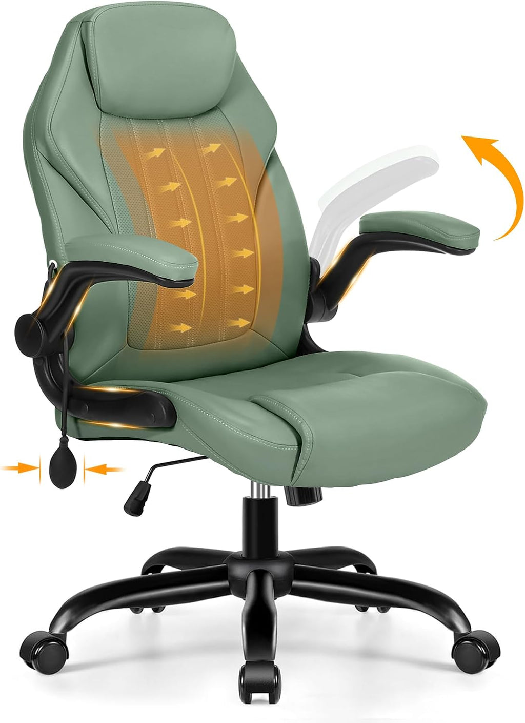 Ylzyxal Office Desk Chair, Ergonomic Computer Chair with Padded Flip-Up Arms and Adjustable Lumbar Support, PU Leather Executive Chair with Tilt Lock and 360° Swivel Rolling Wheels for Work, Study