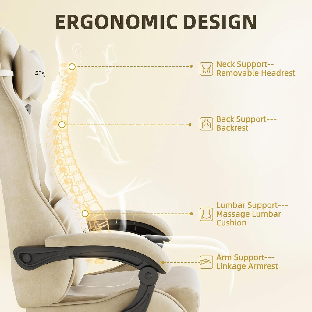 Ferghana Velvet Fabric Ergonomic Gaming Chair with Footrest and Massage, High Back Reclining Computer Gamer Chair for Adult, Racing Style PC Video Game Chair Suitable for Home Office (Beige)