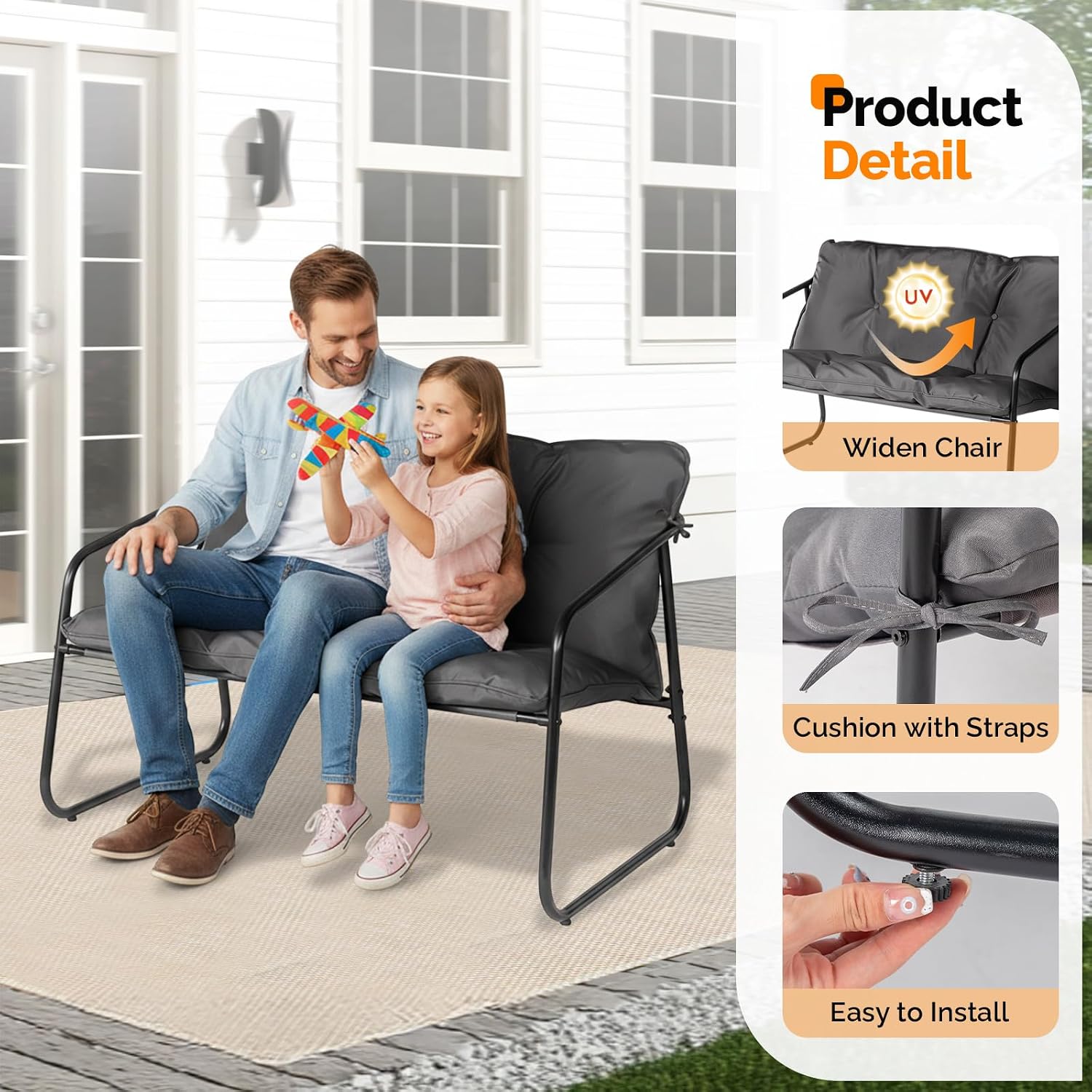 VINGLI 4 Piece Patio Conversation Set, Outdoor Furniture Set with Glass Coffee Table & Comfortable Cushion, All-Weather Cushioned Seating for Garden, Backyard, Porch, Grey