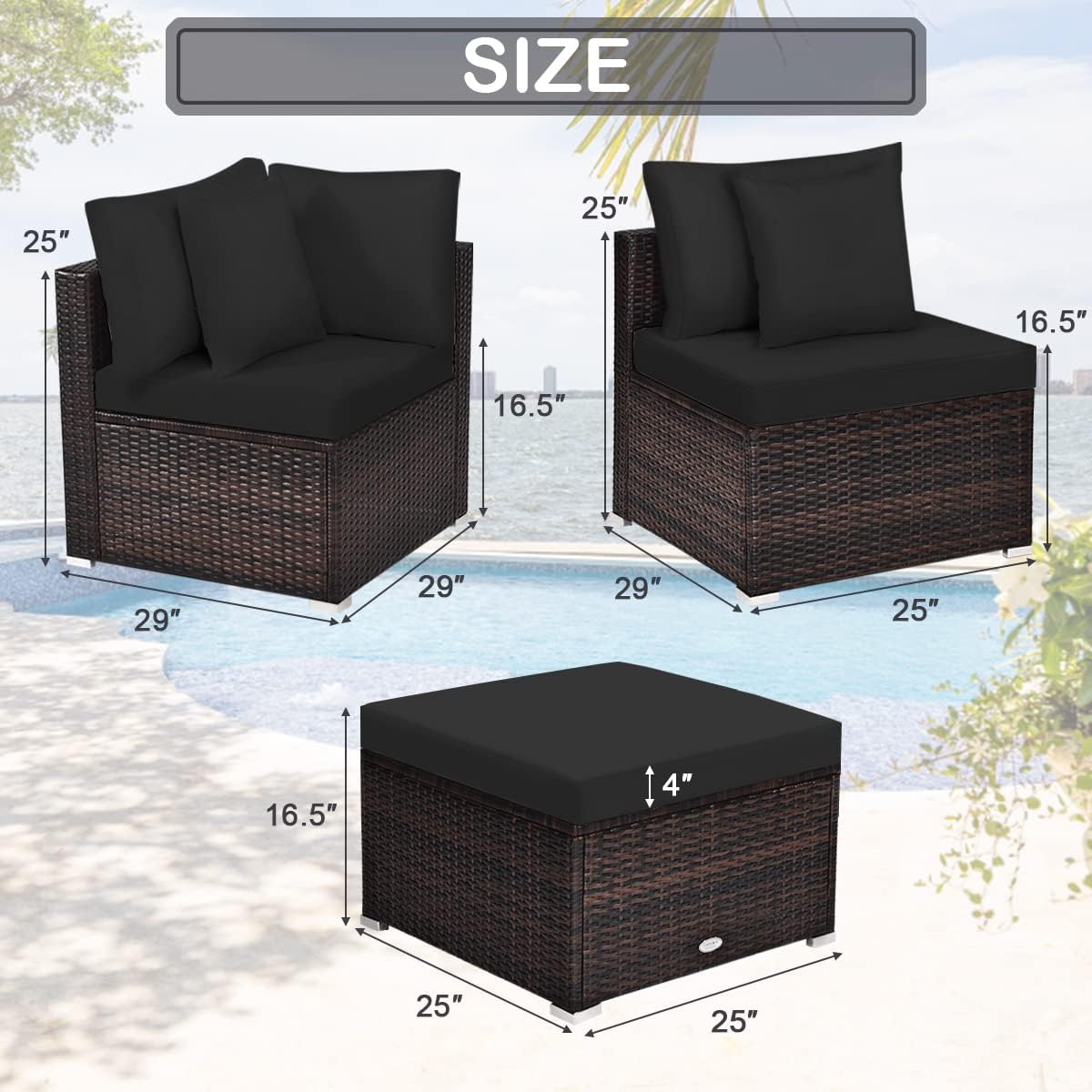 Tangkula 4 PCS Patio Rattan Sofa Set, Outdoor Wicker Sectional Furniture Set, Patio Conversation Set with Removable Cushions & Pillows for Backyard Porch Garden Poolside Balcony (Black)