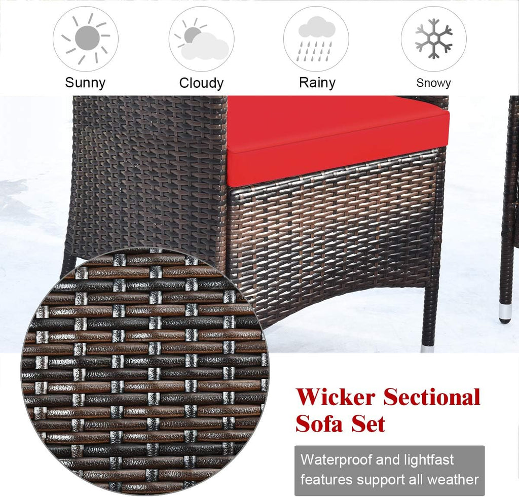 COSTWAY 4PCS Rattan Patio Furniture Set, Outdoor Wicker Rattan Chairs with Coffee Table, Rattan Cushioned Conversation Set for Backyard Balcony Porch Poolside, Red