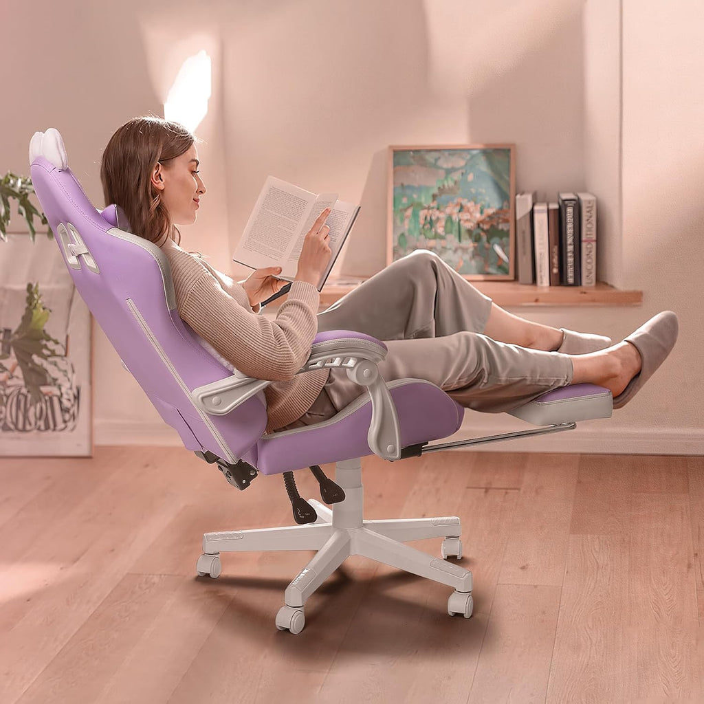 PUKAMI Gaming Chair with Cat Ears,Cute Computer Chair for Girl with Footrest,Ergonomic Gamer Chair, Kawaii Gaming Chair, Game Chair (Purple)