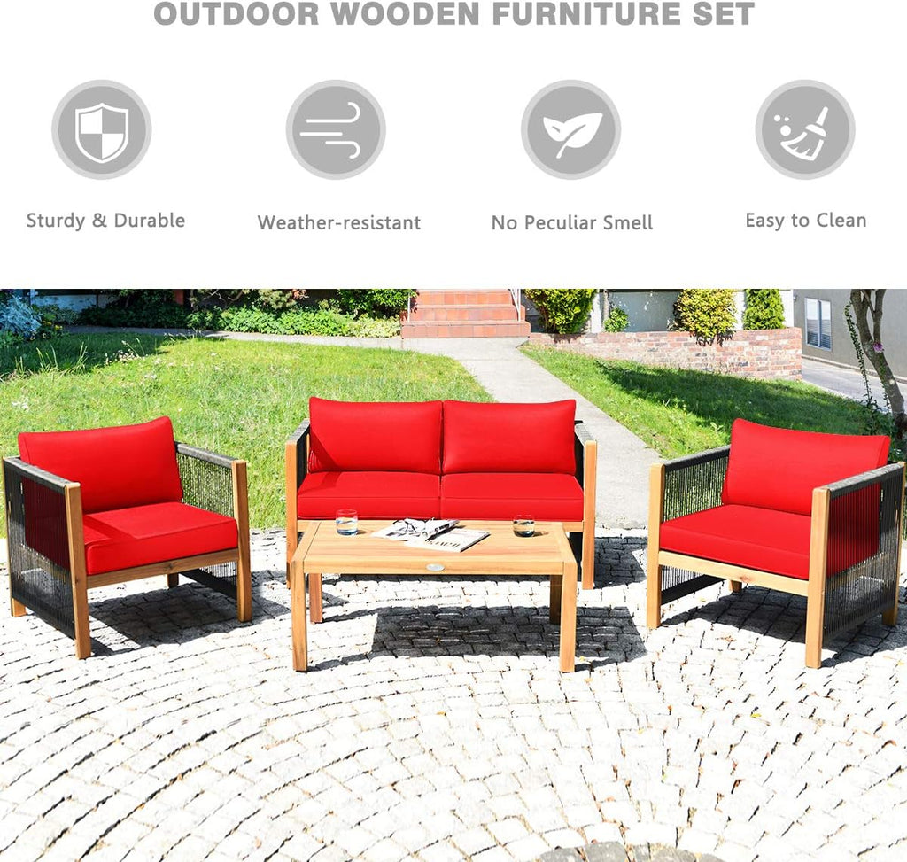 Tangkula Outdoor Wood Furniture Set, Acacia Wood Frame Loveseat Sofa, 2 Single Chairs and Coffee Table, 4 Pieces Conversation Set with Cushions, Garden Balcony Poolside Outdoor Living Set (1, Red)