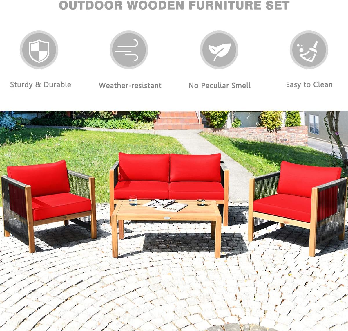 Tangkula Outdoor Wood Furniture Set, Acacia Wood Frame Loveseat Sofa, 2 Single Chairs and Coffee Table, 4 Pieces Conversation Set with Cushions, Garden Balcony Poolside Outdoor Living Set (1, Red)