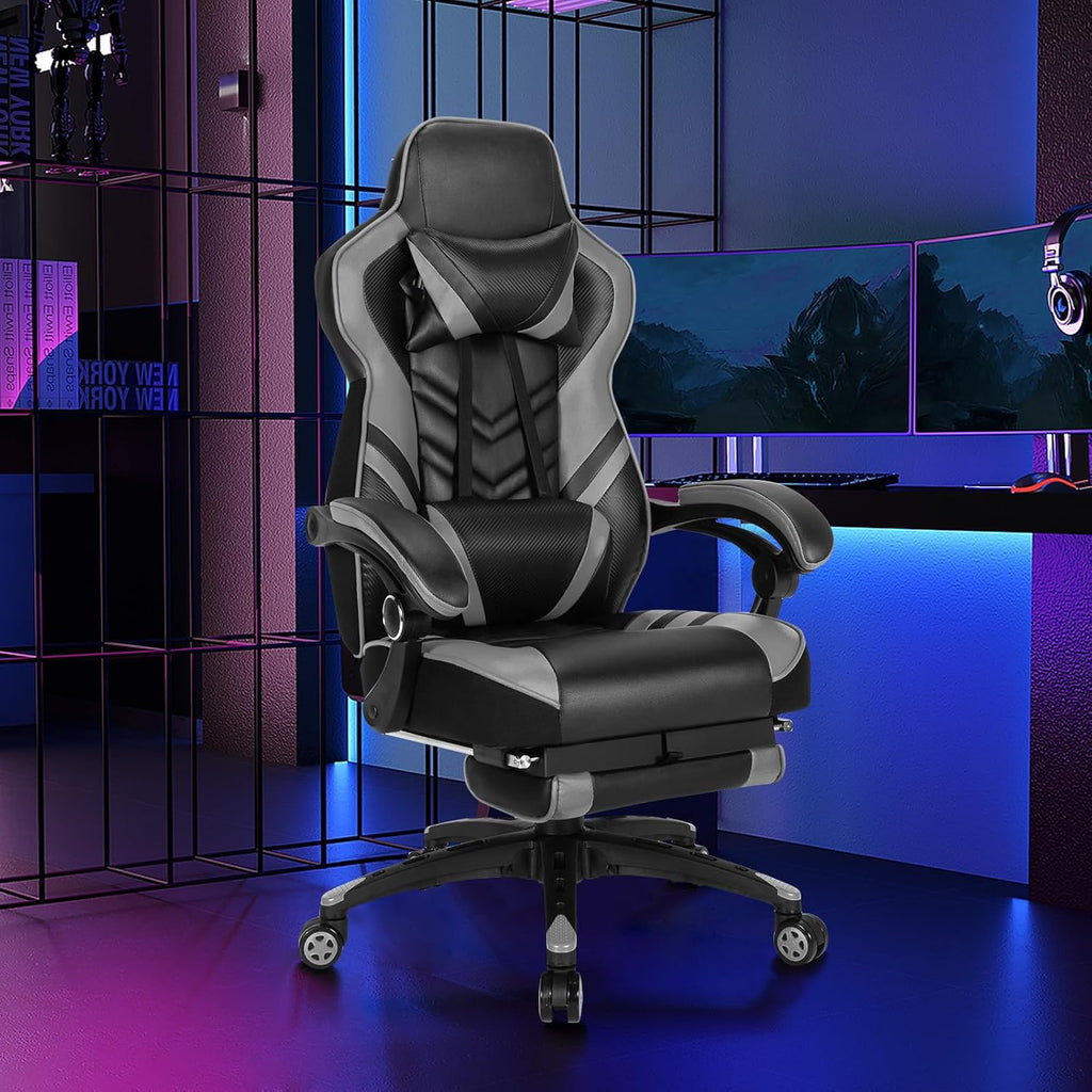 Goplus Gaming Chair, Computer Chair with Footrest and Lumbar Support, Height Adjustable Executive Swivel Rolling Task Chair with 90°-155° Tilt Function (Grey)