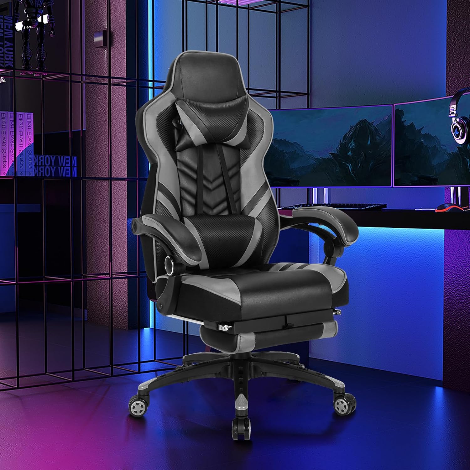 Goplus Gaming Chair, Computer Chair with Footrest and Lumbar Support, Height Adjustable Executive Swivel Rolling Task Chair with 90°-155° Tilt Function (Grey)