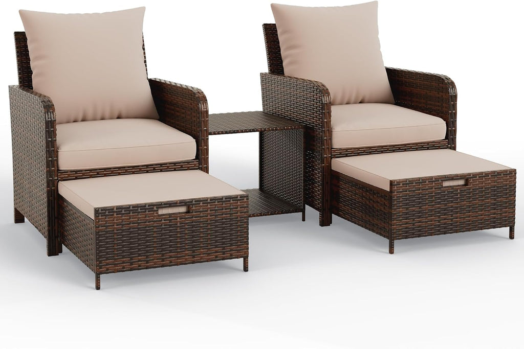 UDPATIO Balcony Furniture Outdoor Patio Chair with Ottoman for Small Space, 5 Piece Wicker Patio Furniture Set with Side Table, Khaki