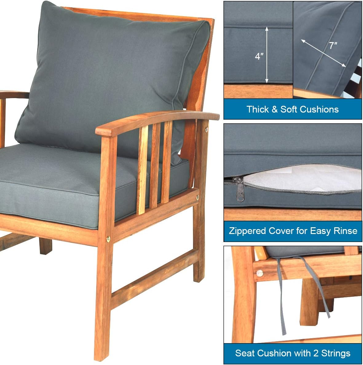Tangkula 4 Pieces Acacia Wood Patio Furniture Set, Outdoor Seating Chat Set with Gray Cushions & Back Pillow, Conversation Set with Coffee Table, Ideal for Garden, Backyard, Poolside