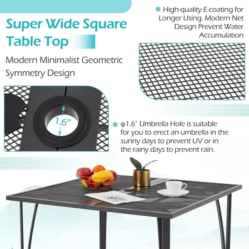 AECOJOY39.4 Outdoor Patio Dining Table and Chairs Set for 4, Square Metal Patio Table with 1.6' Umbrella Hole, All-Weather Resistant Outdoor Furniture Table Set for Patio, Backyard, Garden, Poolside