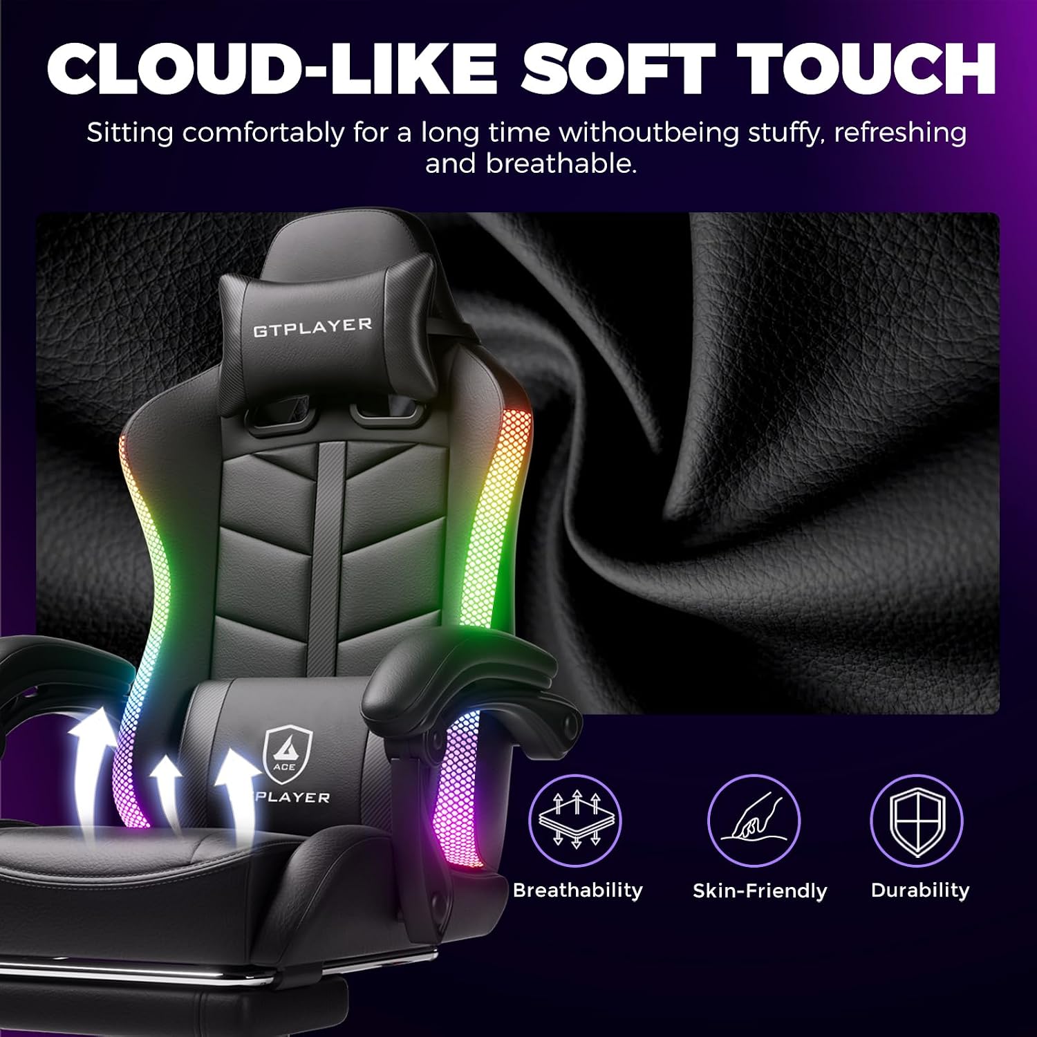 GTPLAYER RGB Gaming Chair with Footrest, Computer Gaming Chair with LED Lights for Adults, Height Adjustable PC Gamer Chair with 90-155° Recline & Removable Headrest Lumbar Support, RGB Black