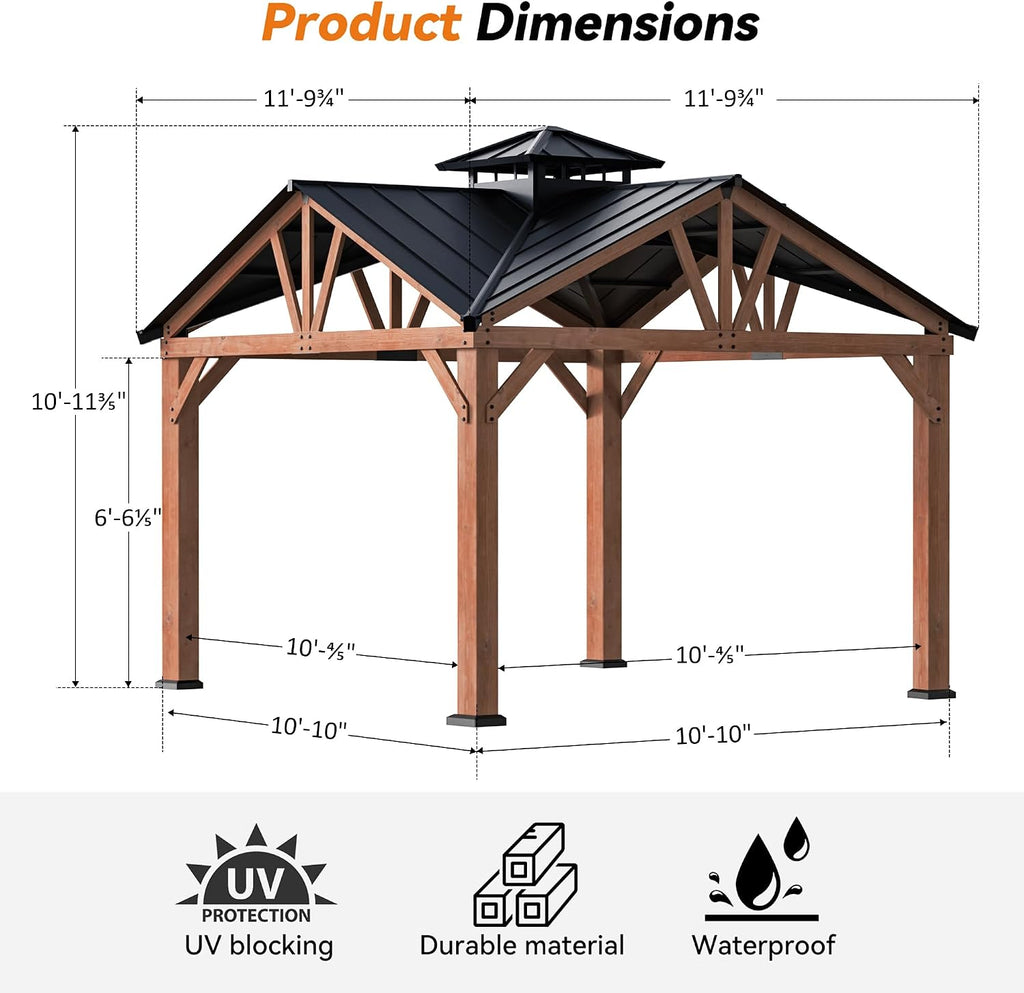 Modern Shade Cedar Wood Gazebo 12' x 12', Heavy Duty Hardtop Gazebo with Steel Roof, Water Resistant, Wind Resistant, Solid Wood Framed Pavilion, Perfect for Your Permanent Outdoor Pavilion