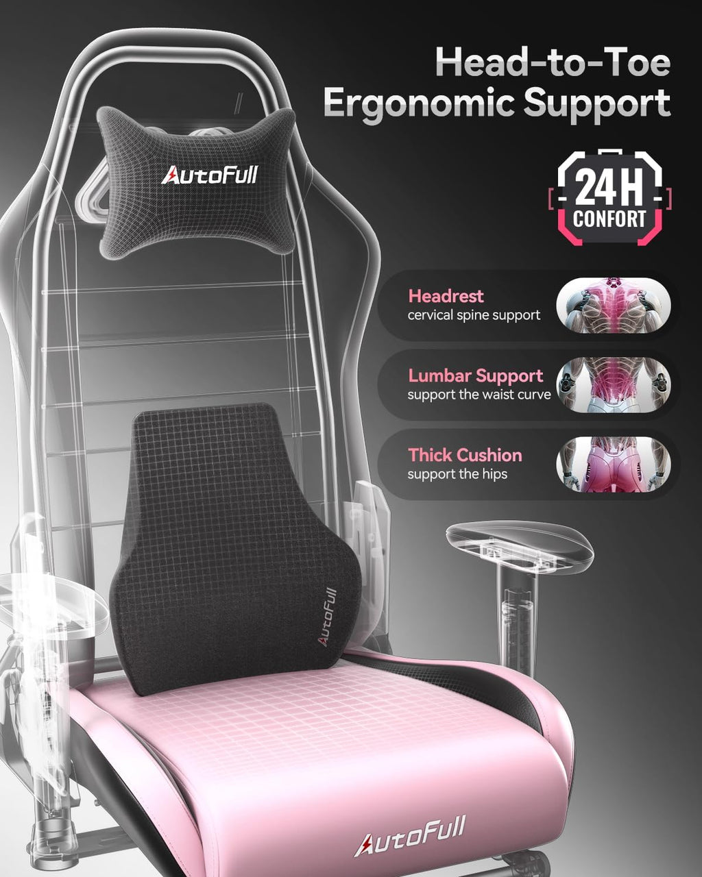 AutoFull C3 Gaming Chair, Racing Style Gaming Chair with Ergonomic Lumbar Support,Adjustable High Back PU Leather PC Chair with Footrest,Pink