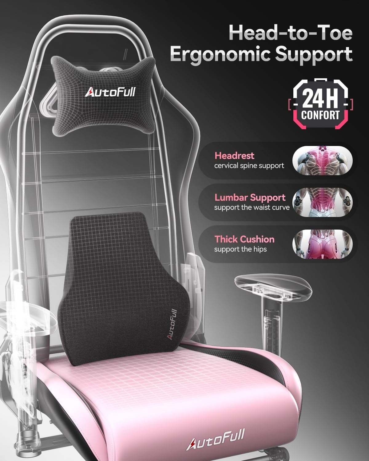 AutoFull C3 Gaming Chair, Racing Style Gaming Chair with Ergonomic Lumbar Support,Adjustable High Back PU Leather PC Chair with Footrest,Pink
