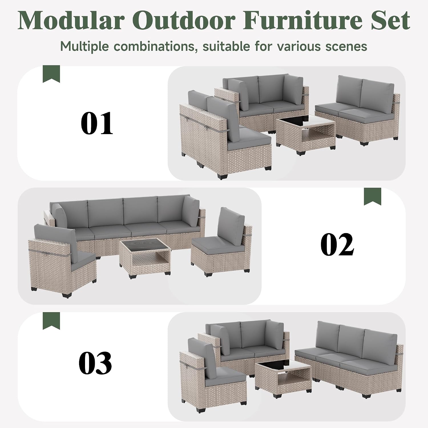 8 Pieces Patio Furniture Set with Fire Pit Table, Outdoor Sectional Wicker Sofa with Thick Cushions and Storage Coffee Table, Rattan Patio Conversation Sets, Grey