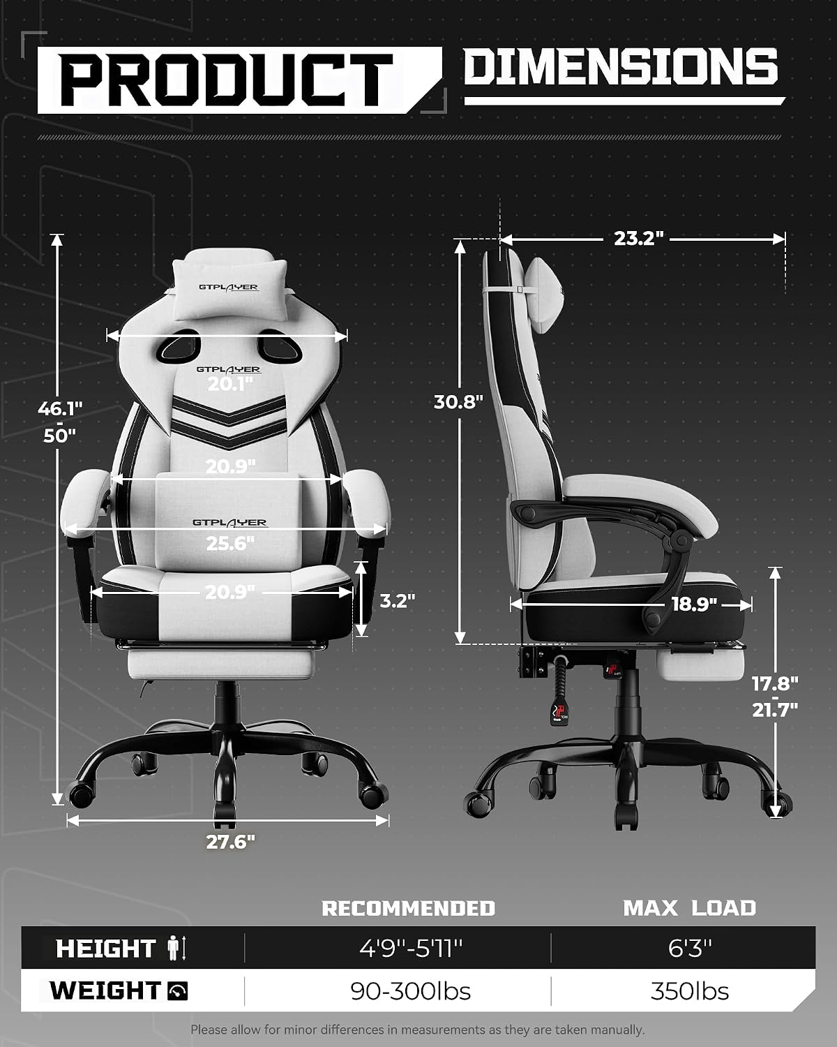 GTPLAYER Gaming Chair, Computer Chair with Footrest and Lumbar Support for Adults, 360°-Swivel Big & Tall Reclining Seat for Office or Gaming (White)