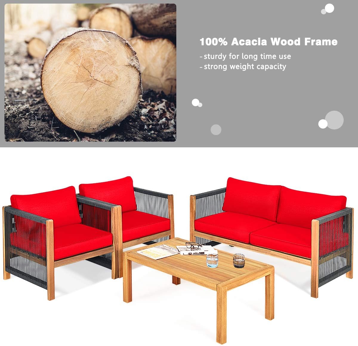 Tangkula Outdoor Wood Furniture Set, Acacia Wood Frame Loveseat Sofa, 2 Single Chairs and Coffee Table, 4 Pieces Conversation Set with Cushions, Garden Balcony Poolside Outdoor Living Set (1, Red)