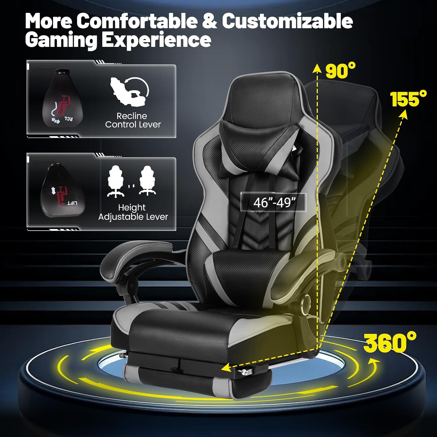 Goplus Gaming Chair, Computer Chair with Footrest and Lumbar Support, Height Adjustable Executive Swivel Rolling Task Chair with 90°-155° Tilt Function (Grey)