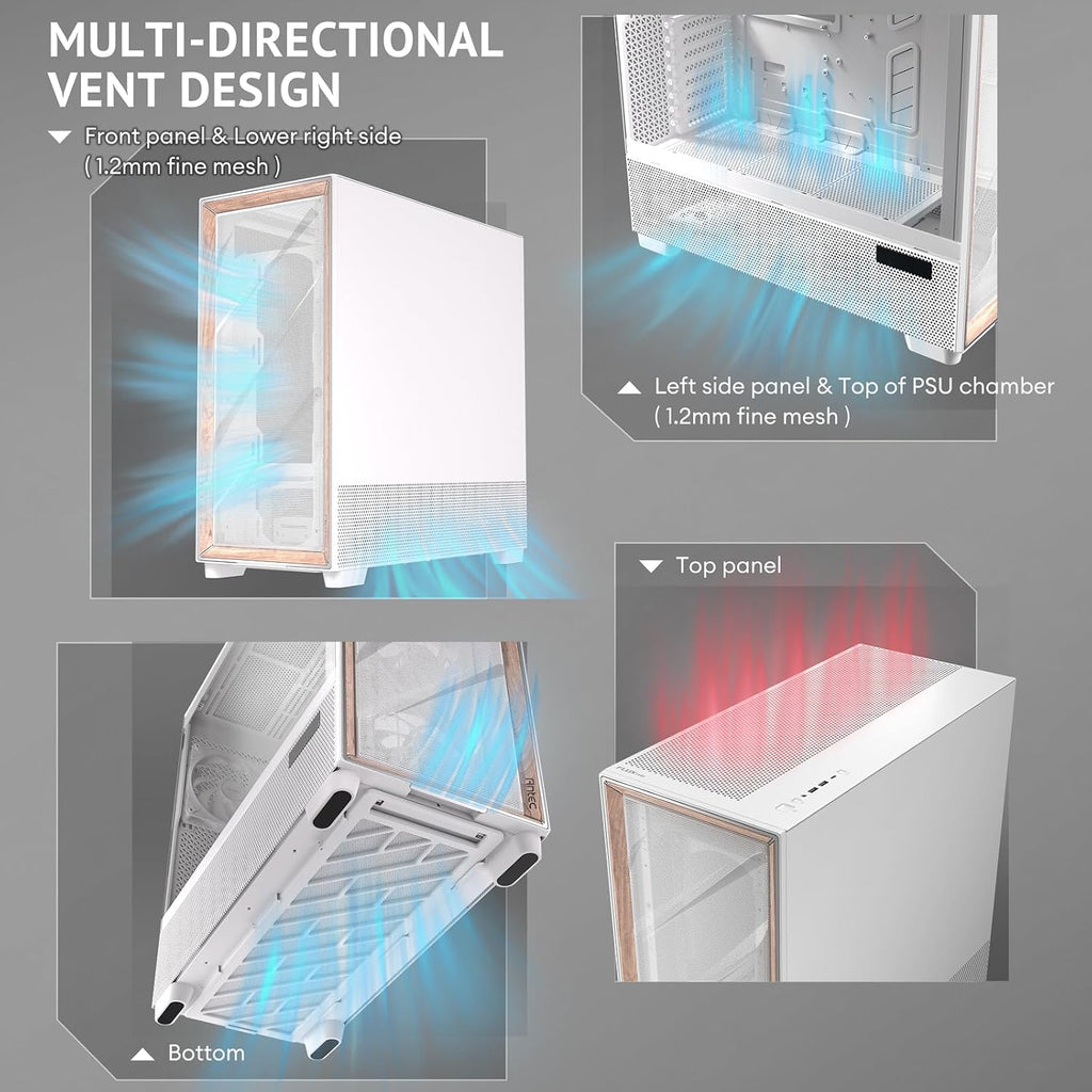 Antec Flux Pro White, 6 x PWM Fans Included, High-Airflow Front Panel with Birch Wood, iShift PSU 90° Mount, USB3.0 x 2, Type-C, 420mm Radiator Support, Temp. Display, Full-Tower E-ATX PC Case