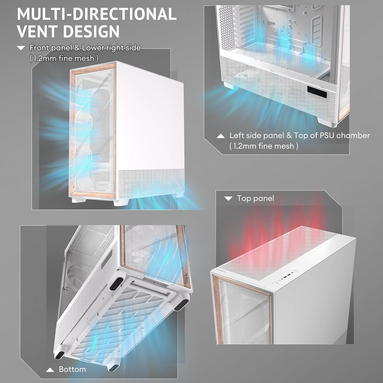 Antec Flux Pro White, 6 x PWM Fans Included, High-Airflow Front Panel with Birch Wood, iShift PSU 90° Mount, USB3.0 x 2, Type-C, 420mm Radiator Support, Temp. Display, Full-Tower E-ATX PC Case