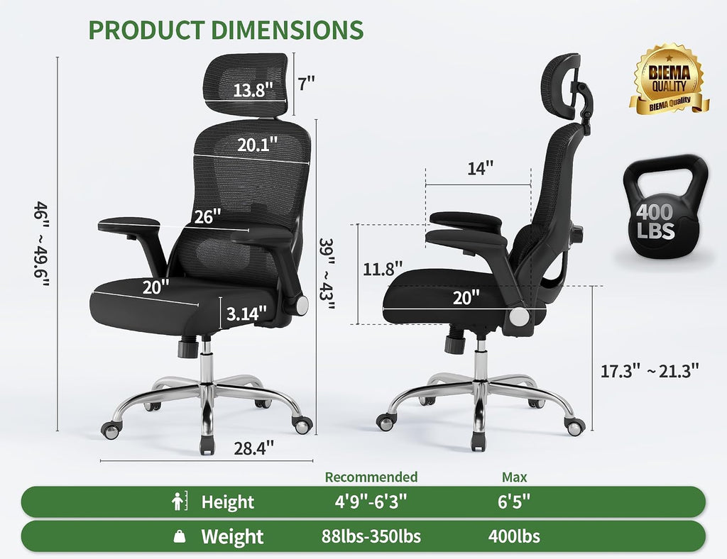 Office Chair - Ergonomic Desk Chair with Adjustable Headrest Lumbar Support Computer Chair - Mesh Comfy Chairs with Flip-up Armrests - Big and Tall Gaming Chairs for Adults Home Office(Black)