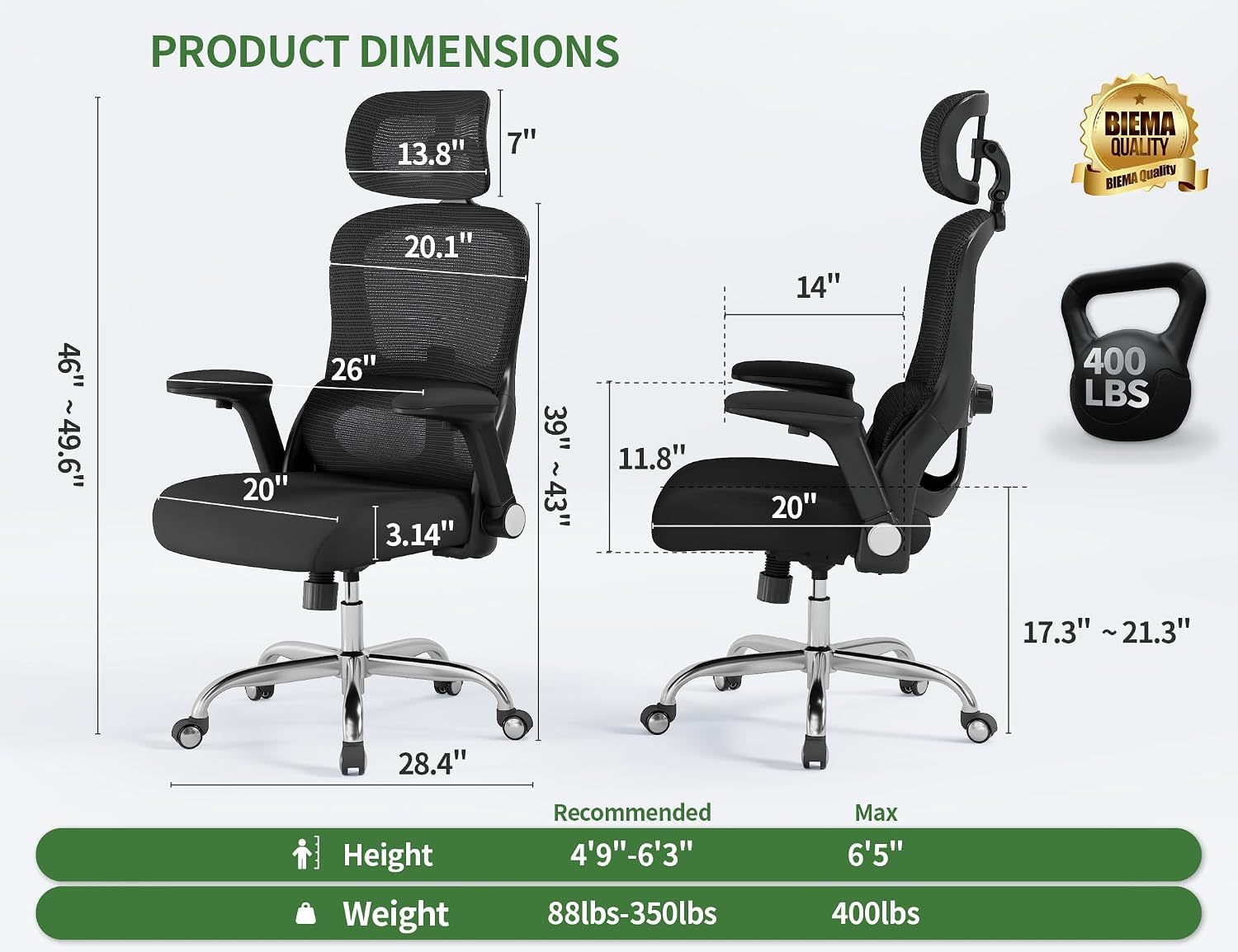 Office Chair - Ergonomic Desk Chair with Adjustable Headrest Lumbar Support Computer Chair - Mesh Comfy Chairs with Flip-up Armrests - Big and Tall Gaming Chairs for Adults Home Office(Black)
