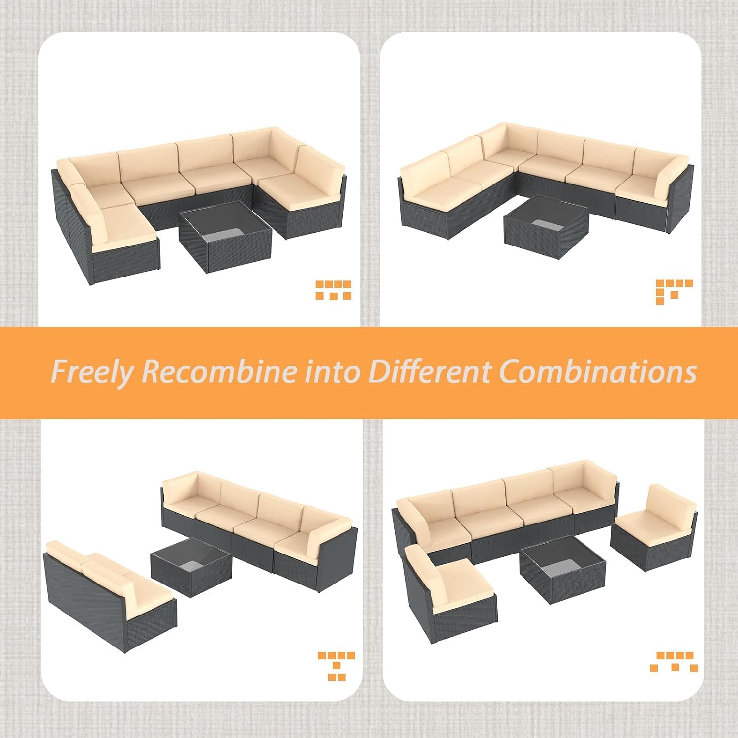 AECOJOY 7 Piece Outdoor Patio Furniture Set, Outdoor Sectional Conversation Furniture Chair with Coffee Table,Patio Sectional for Garden,Backyard(Khaki Cushions and Black PE Rattan, with Cover)