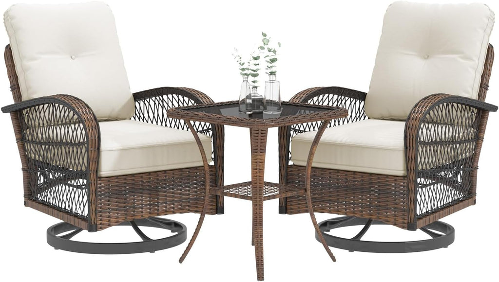 MELLCOM 3 Pieces Patio Furniture Set, Outdoor Swivel Rocker Patio Chairs, Wicker Patio Bistro Set with Rocking Chair, Thickened Cushions and Glass Coffee Table for Backyard, Garden, Beige