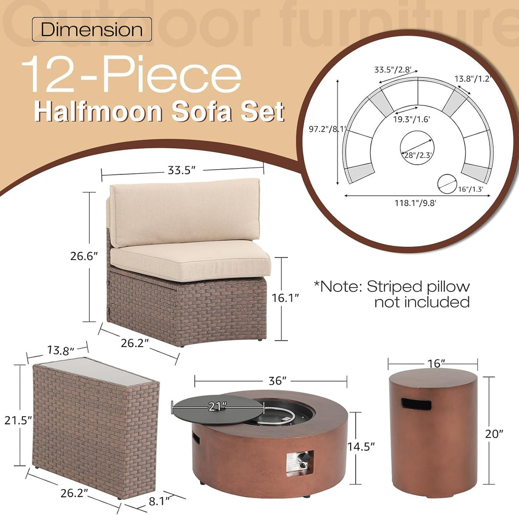 SUNSITT 12 Piece Patio Furniture Set with Fire Pit Outdoor Round Sectional Sofa with 36' Bronze Propane Fire Table & Tank Holder, Brown Rattan