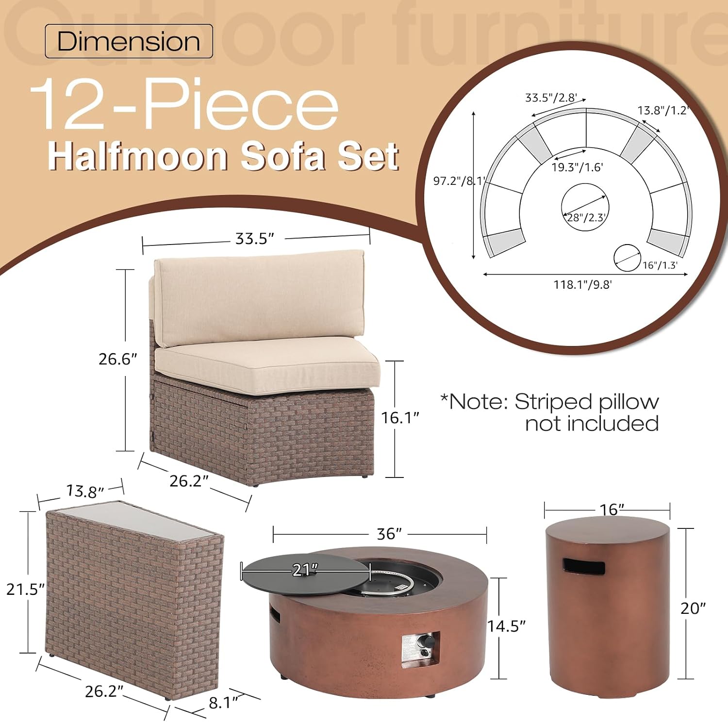 SUNSITT 12 Piece Patio Furniture Set with Fire Pit Outdoor Round Sectional Sofa with 36' Bronze Propane Fire Table & Tank Holder, Brown Rattan