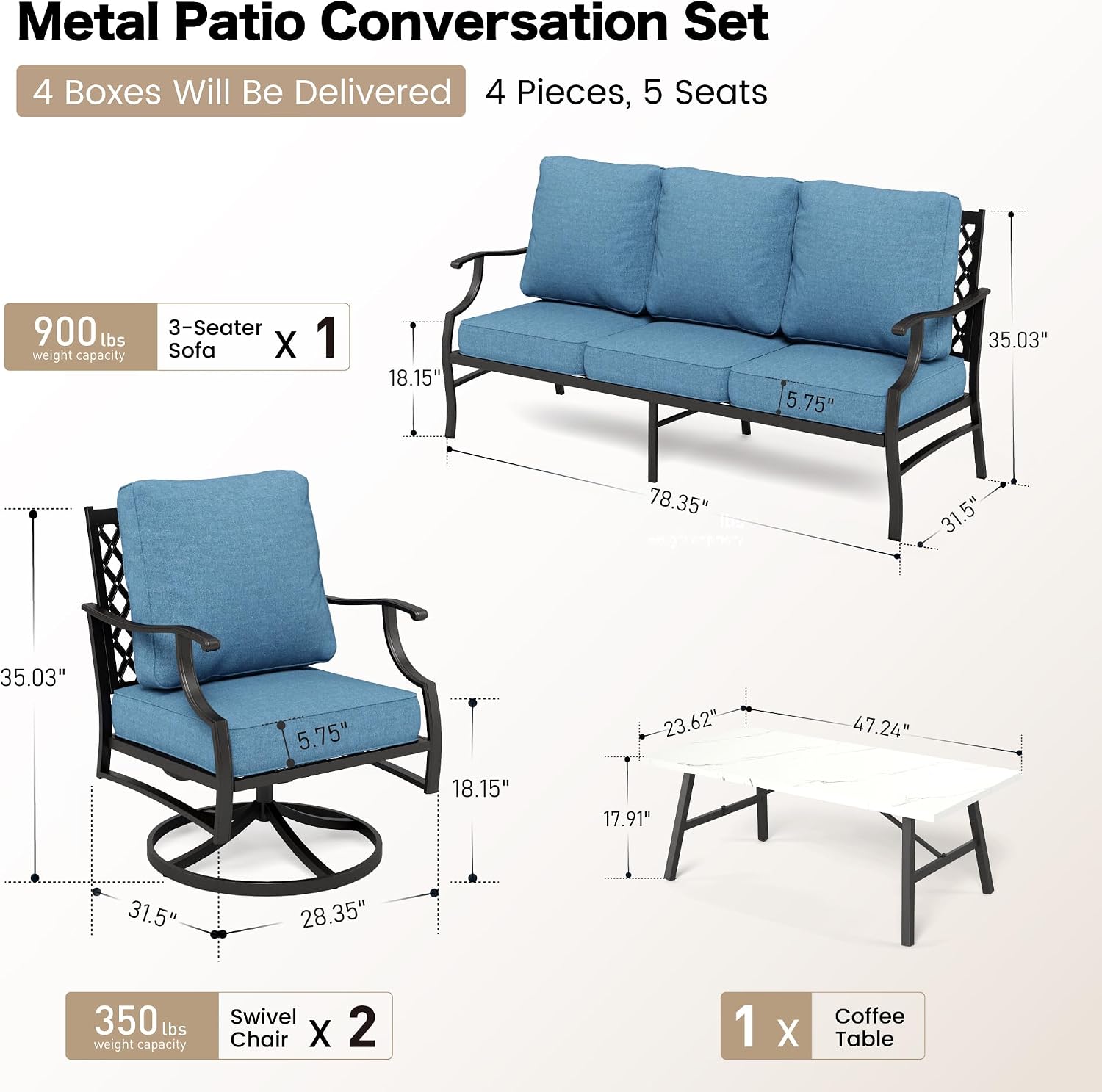 SUNSHINE VALLEY 4 Piece Metal Outdoor Patio Furniture Set, Patio Conversation Sets 1 3-seater Sofa, 2 Swivel Chair with 5.75' Extra Thick Cushion and Coffee Table, Black Frame Backyard Furniture, Navy