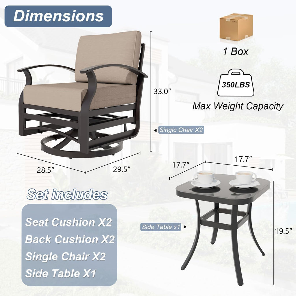 Kurapika 3 Pieces Patio Furniture Set, Outdoor Aluminum Swivel Gliders Rocker, Patio Bistro Set Rocking Chair with Thickened Cushions and Side Table for Porch Garden Deck (Sand)